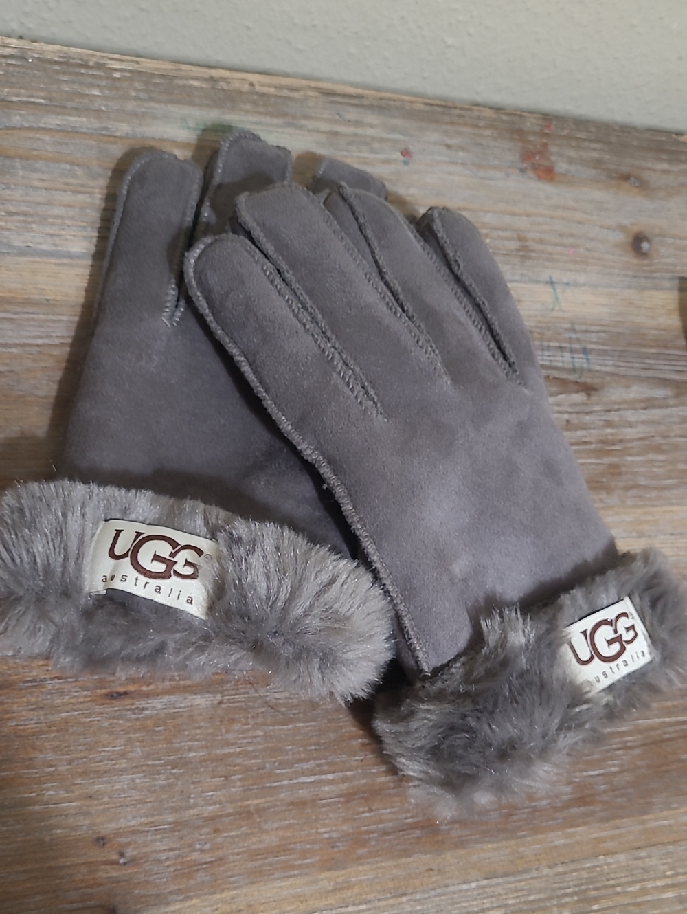 UGG Gray Suede Fur-Trim Gloves